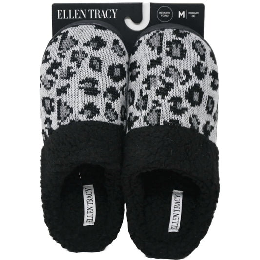 S-XL WOMEN GREY/LEO ANIMAL KNIT SLIPPER W/SHERPA COLLAR ELLEN TRACY C/P 18