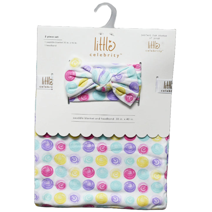 30"x40" 0-6m DOTS SWADDLE BLANKET W/HEADBAND C/P 48