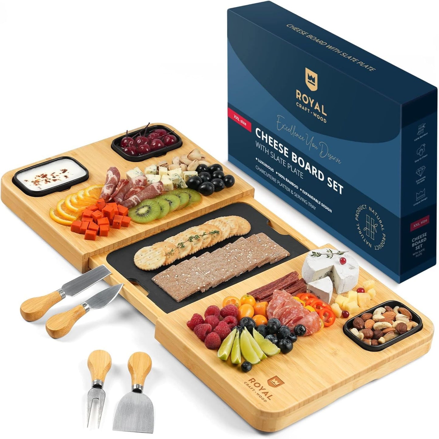 Bamboo Cheese Board wSlate Plate & 4pc Cutlery Set - Royal Craft Wood C/P 4