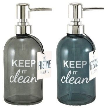14oz Glass Soap Dispenser Asst Blue & Grey with Chrome Pump "Keep It Clean" C/P 12