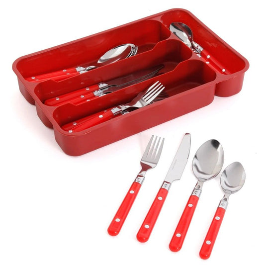 24pc GH CASUAL LIVING S.S. FLATWARE SET W/RED PLASTIC HANDLE & PVC TRAY C/P 6