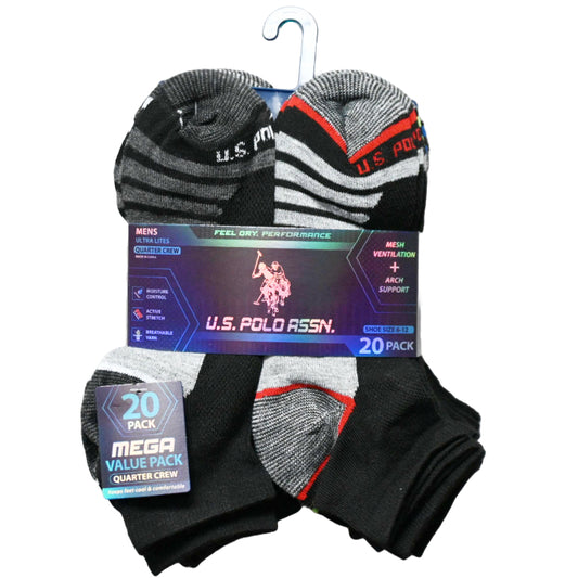 20pk MEN BLK NC QTR SOCKS U.S. POLO ASSN. ASST COLORS SIZE 6-12 C/P 48