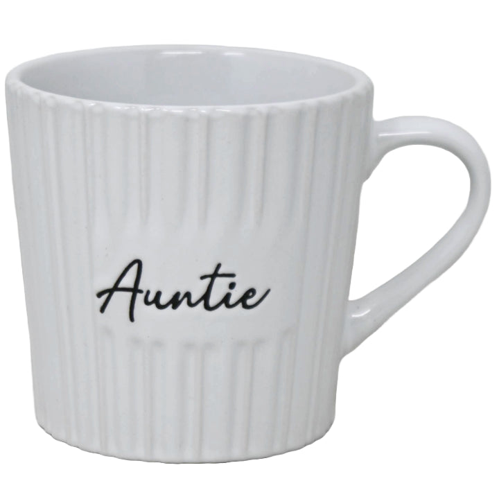 16oz White Mug with Embossed Pattern and Debossed "Aunt" C/P 24