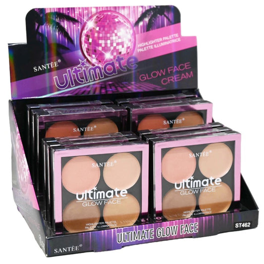 4 Color Ultimate Glow Face Cream Powder Foundation Kit Highlighter Palette in 12pc Displayer C/P 216 SANTEE