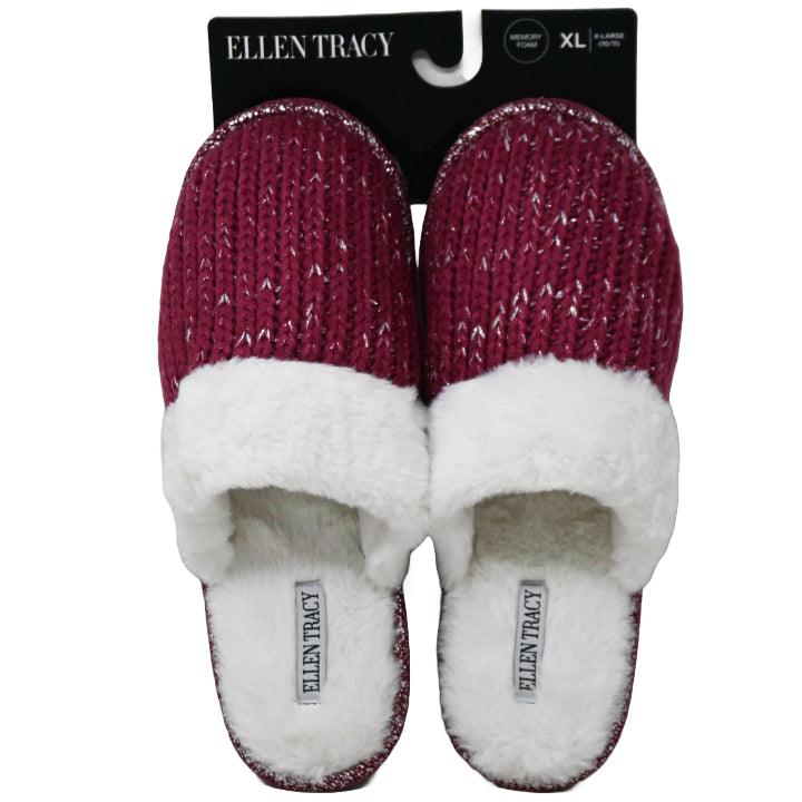 S-XL WOMEN WINE CHUNKY SHIMMER KNIT SLIPPER W/FAUX FUR COLLAR ELLEN TRACY C/P 18