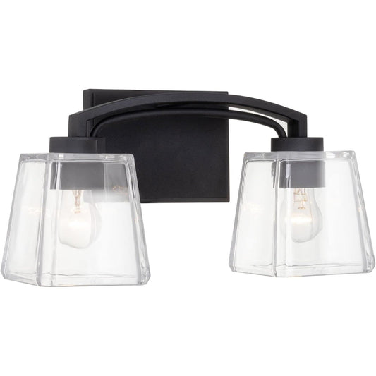 Claymont 14" 2-Light Farmhouse Vanity/Bathroom Light + Quality Cut Glass Shades, Sandblasted Black Finish C/P 1