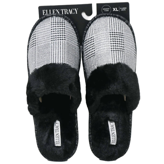 S-XL WOMEN SILVER GLITTER HOUNDSTOOTH SLIPPER W/FAUX FUR COLLAR ELLEN TRACY C/P 18