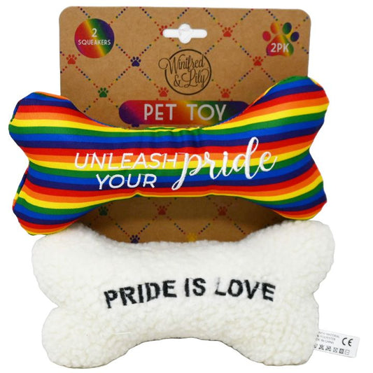 2 Pack Pet Toys - Woven Rainbow Stripe Bone and Ivory Sherpa Bone "Pride is Love" C/P 24