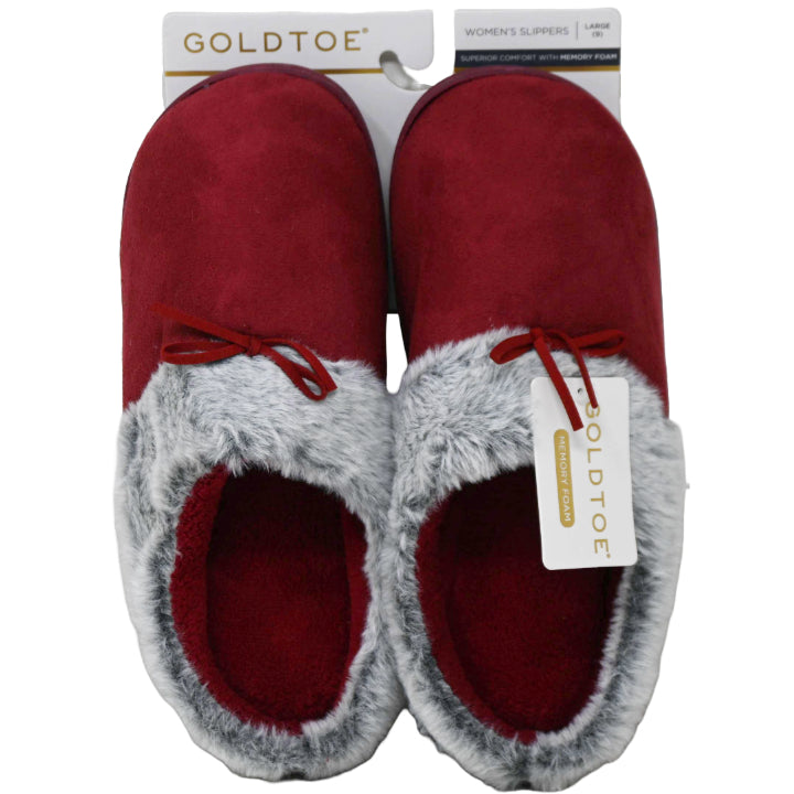 S-XL WOMEN BURGUNDY MICROSUEDE SLIPPER W/FAUX FUR COLLAR GOLD TOE C/P 12
