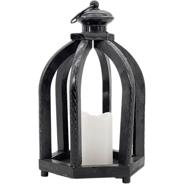 12.4" Rustic Wooden Accented LED Candle Lantern wBlack Wood Frame C/P 4