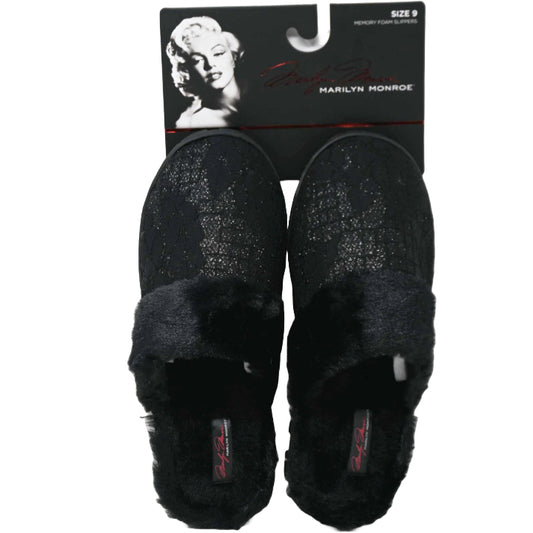 S-XL WOMEN BLK LACE & GLITTER SLIPPER W/FAUX FUR COLLAR MARILYN MONROE C/P 18
