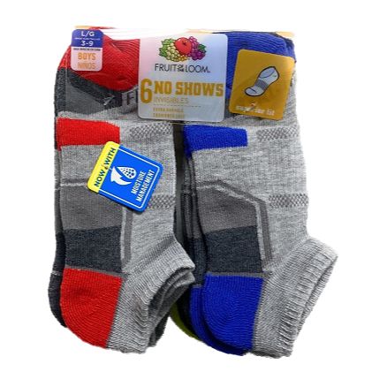 6pk No Show Boys Socks Assorted C/P 12