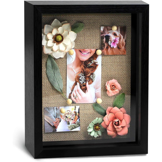 8"x10" BLACK SHADOW BOX WOOD FRAME WITH LINEN BACKING AND 6 PUSH PINS C/P 5