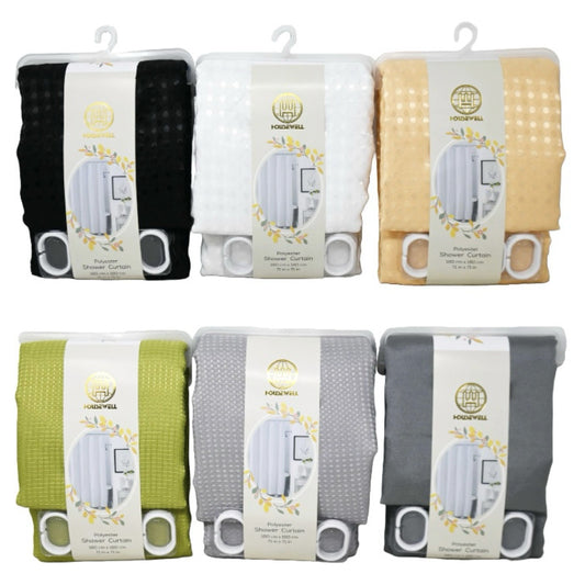 71x71" "AS IS" SOLID POLYESTER SHOWER CURTAINS WITH HOOKS ASST C/P 48