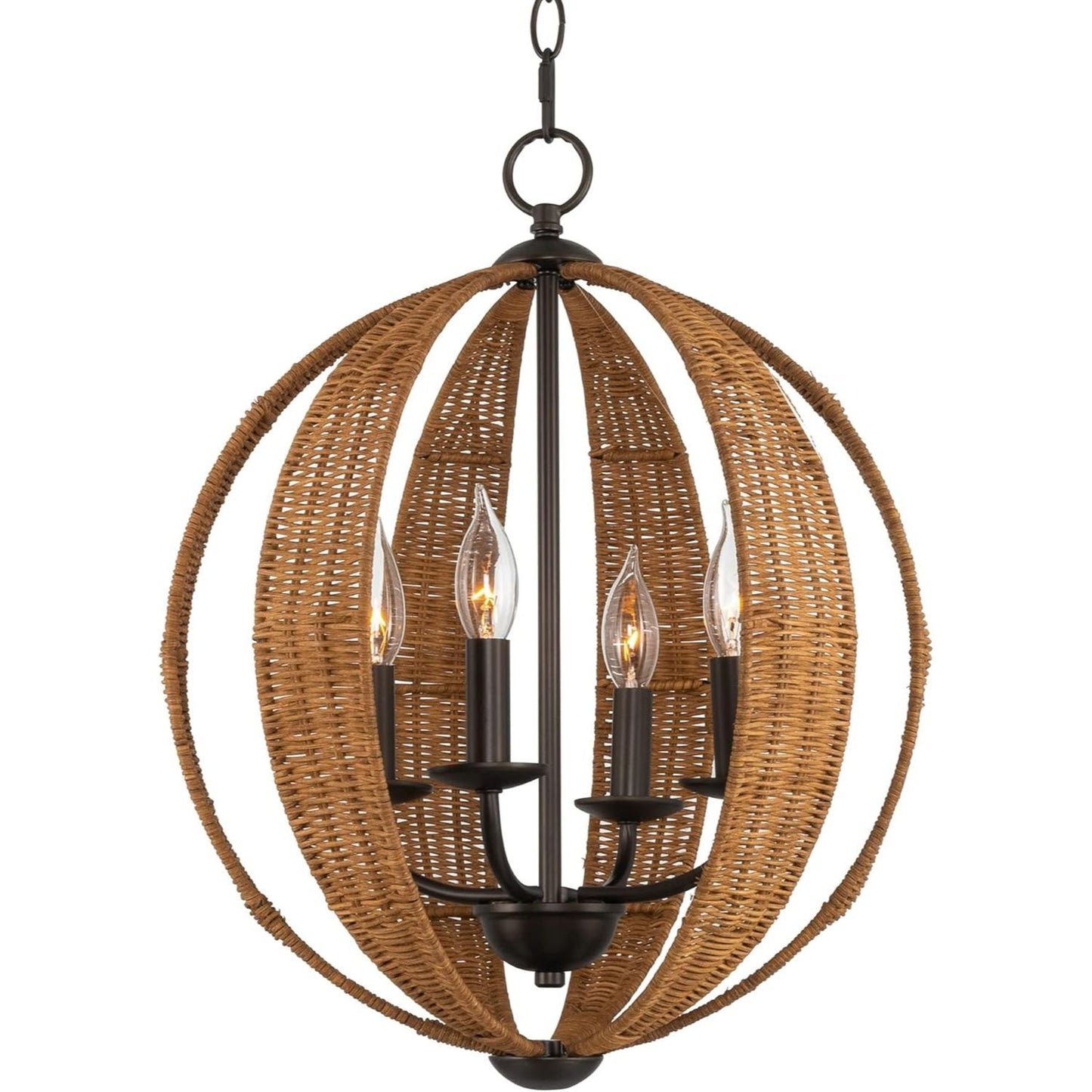 Kendall 20" 4-Light Modern Rustic Armillary Round Pendant Chandelier, Rattan Style + Oil Rubbed Bronze Finish C/P 1