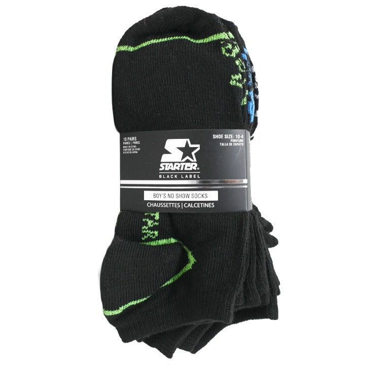 10pk Boys 6-8 Blk No Show Socks C/P 60 STARTER