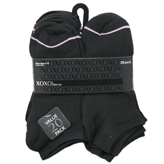 20pk LADIES BLK XOXO LOW CUT NC SOCKS SIZE 4-10 C/P 48