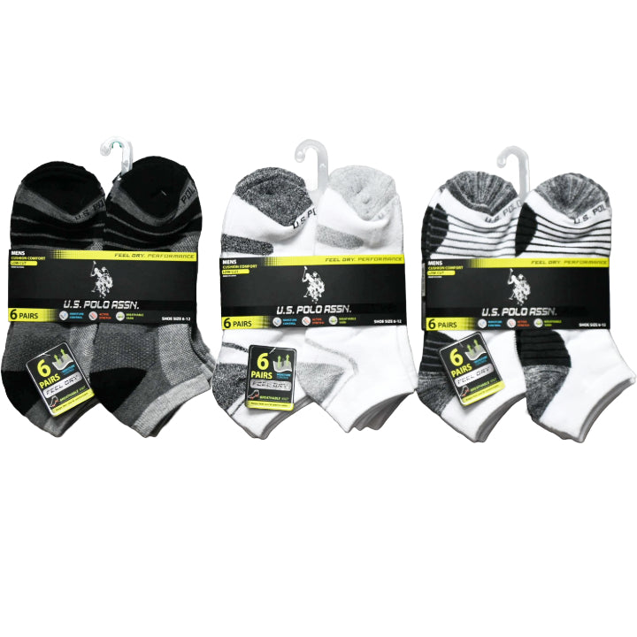 6pk MEN'S WHITE L/C CUSHION SOCKS SIZE 6-12 U.S. POLO ASSN. 3-ASST STYLES C/P 48