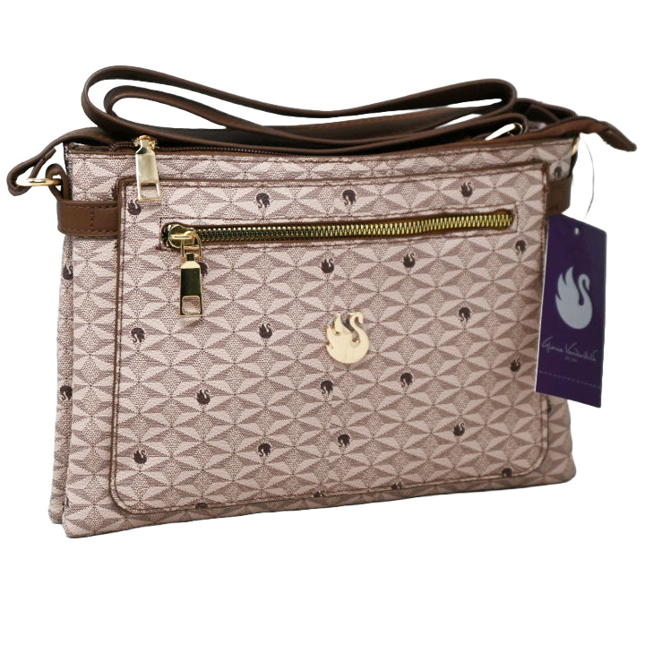 TAN CROSS BODY BAG W/ZIPPER & SNAP CLOSURES & ADJUSTABLE STRAP GLORIA VANDERBILT C/P 12