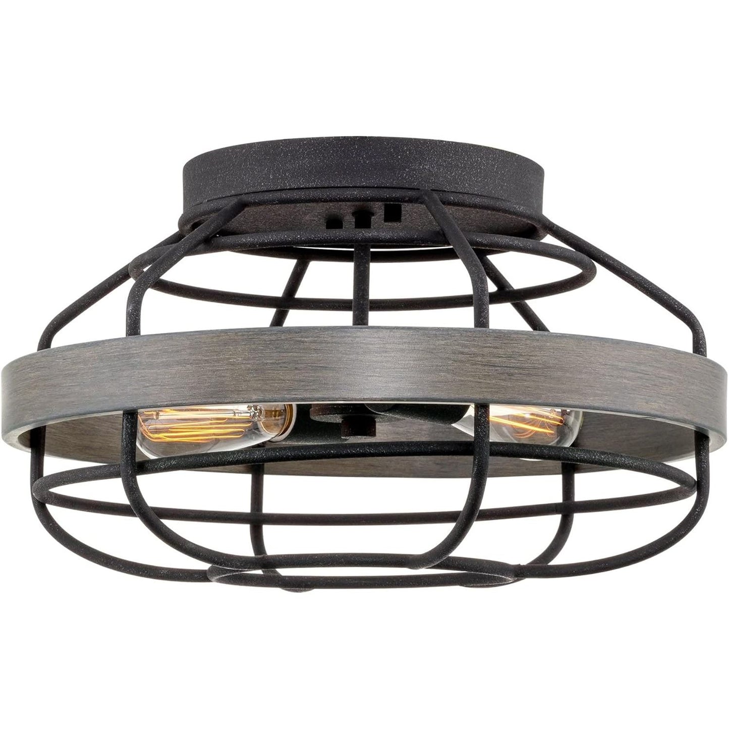 Barlow 17" 2-Light Farmhouse Flush Mount Ceiling Light + Cage Style Design, Gray Oak Wood Style + Textured Black Finish C/P 1