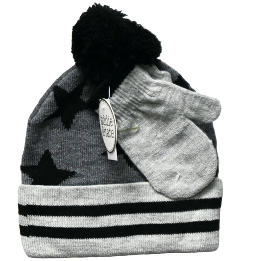 TODDLER HEATHERED KNIT CUFF POM STAR HAT & MITTEN SET C/P 96