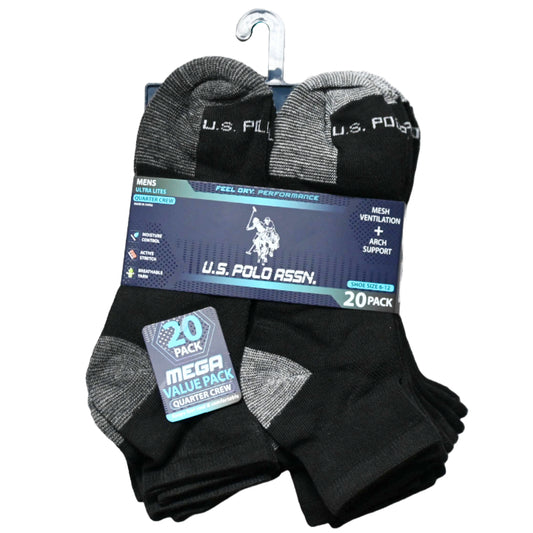 20pk MEN BLK NC QTR SOCKS U.S. POLO ASSN. ASST COLORS SIZE 6-12 C/P 48