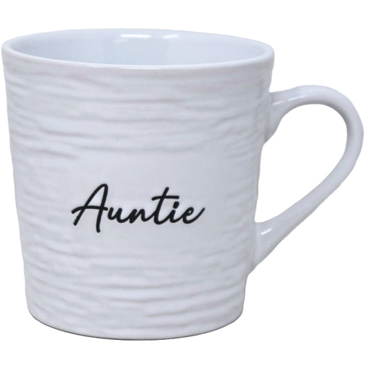 16oz White Mug with Embossed Pattern and Debossed "Aunt" C/P 24