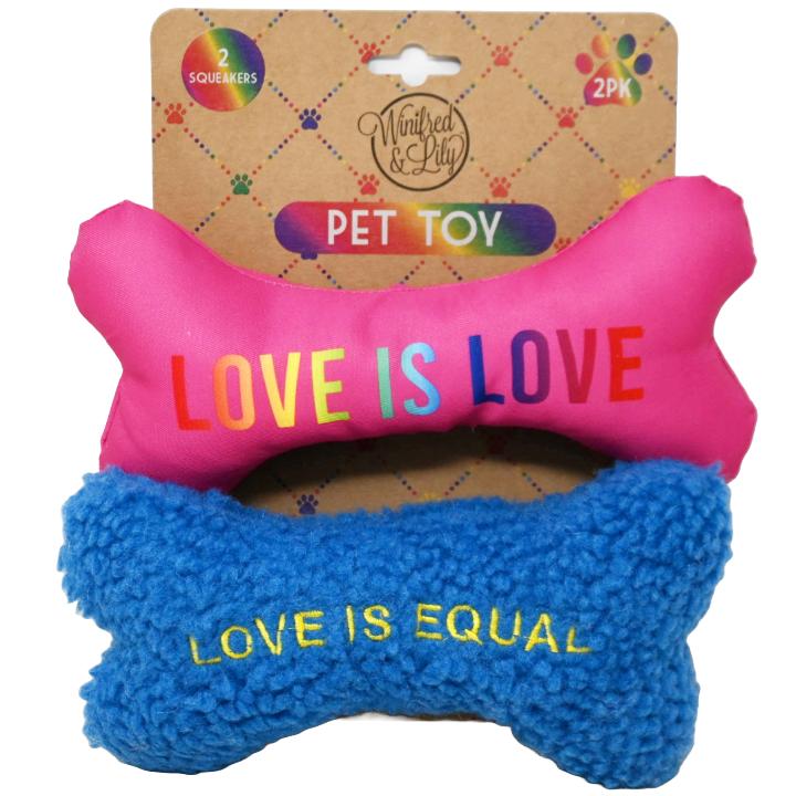 2 Pack Pet Toys - Woven Fushia Bone "Love is Love" and Blue Sherpa Bone "Love is Equal" C/P 24