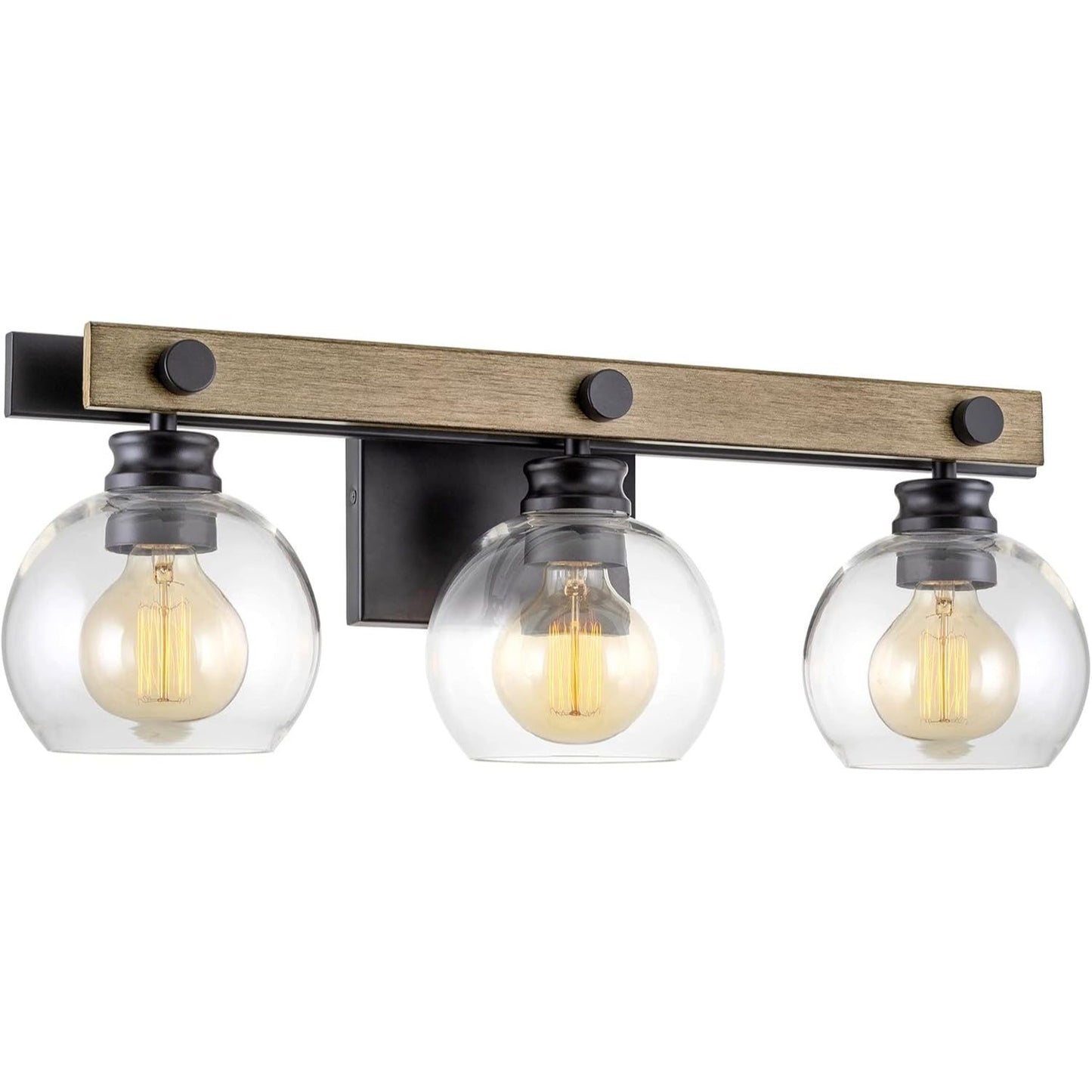 Sebastian 23" 3-Light Industrial Farmhouse Vanity / Bathroom Light + Clear Globe Glass Shades, Smoked Birch Wood Style + Black Finish C/P 1