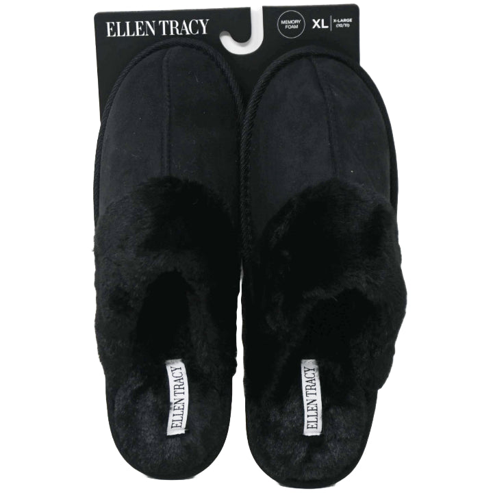 S-XL WOMEN BLK MICROSUEDE SLIPPER W/FAUX FUR COLLAR C/P 18