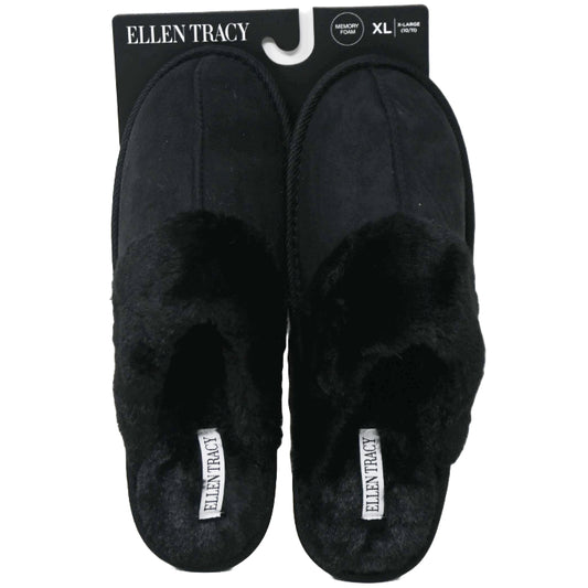 S-XL WOMEN BLK MICROSUEDE SLIPPER W/FAUX FUR COLLAR C/P 18