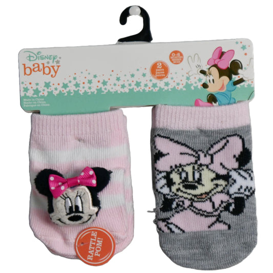 2pk 0-6m DISNEY BABY RATTLE POM MINNIE SOCKS C/P 12