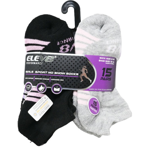 15pk Girls 6-8G Asst Half Cush No Show Socks C/P 60 ELEV8