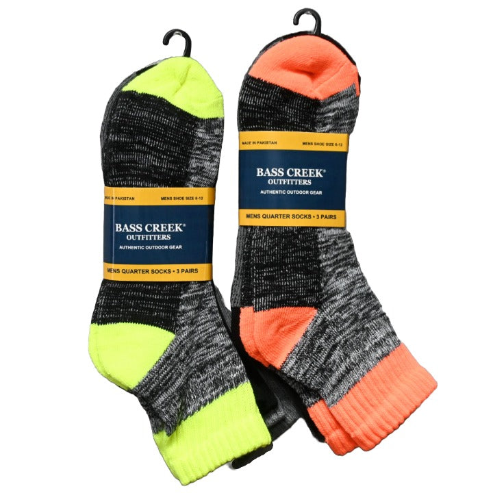 3pk HALF CUSHION MARL W/HI-VIS ACCENT QTR SOCKS BASS CREEK SIZE 10-13 C/ P60 C/P 60 BASS CREEK OUTFITTERS