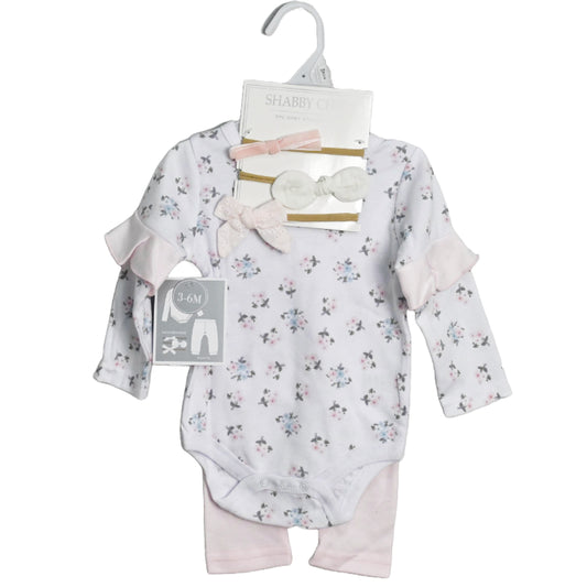 Pink/Floral Long Sleeve Bodysuit with Ruffles, Pants, and 3PK Headband Baby Apparel Set C/P 48