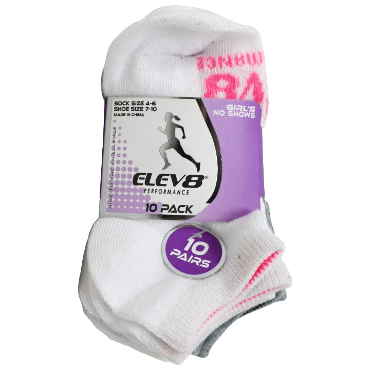 10pk Girls 4-6 W/G/B Asst No Show Socks C/P 30 ELEV8