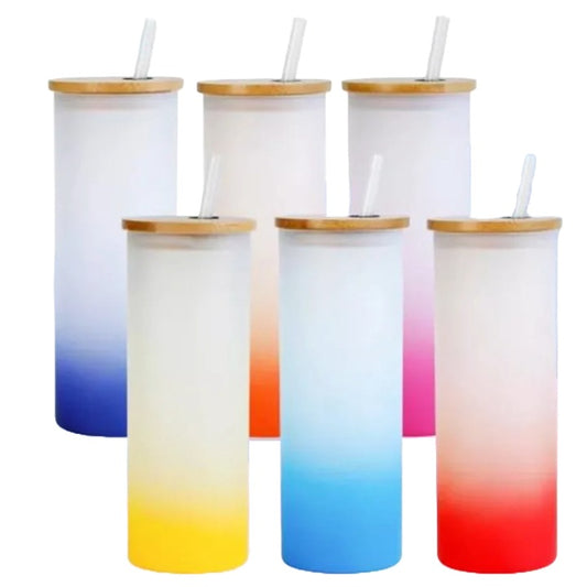 Asst 25oz Frosted Color Blend Glass Tumbler w/Bamboo Lid & Straw (6 Colors) (No Label or UPC) C/P 6