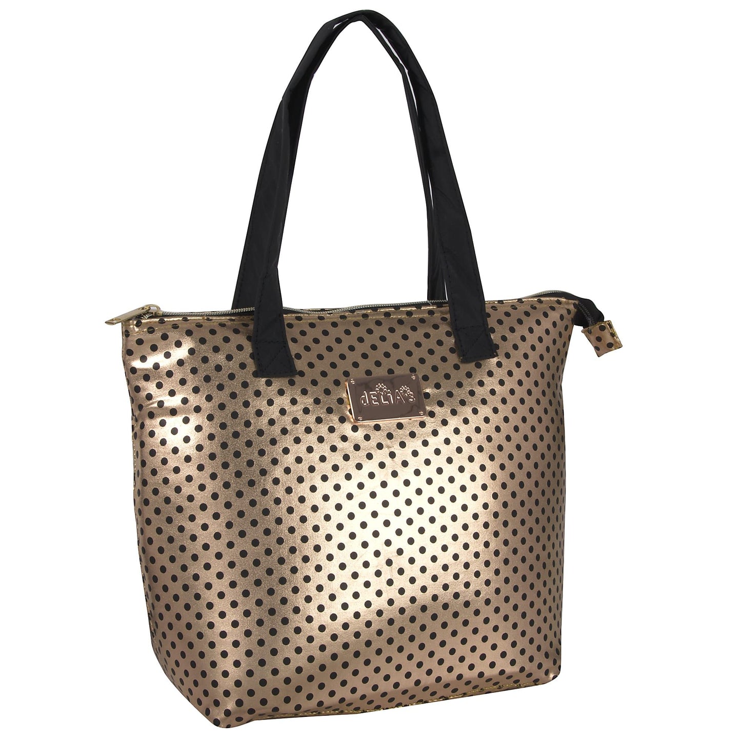 13" DELIA'S GOLD/BLACK POLKA DOT METALLIC LUNCH TOTE HANDBAG C/P 24