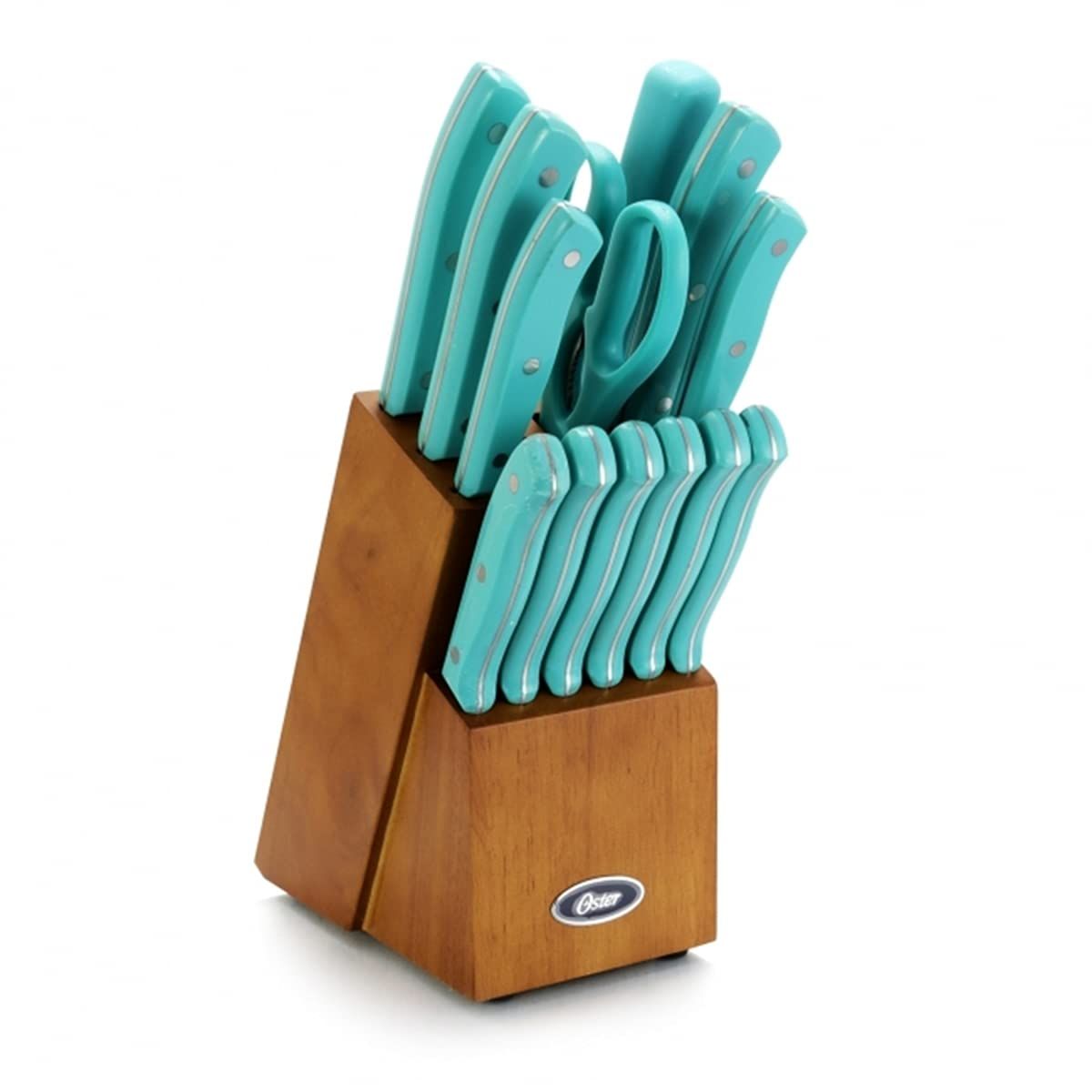 14pc EVANSVILLE S.S CUTLERY SET W/WOOD BLOCK AND TURQUOISE HANDLES C/P 4