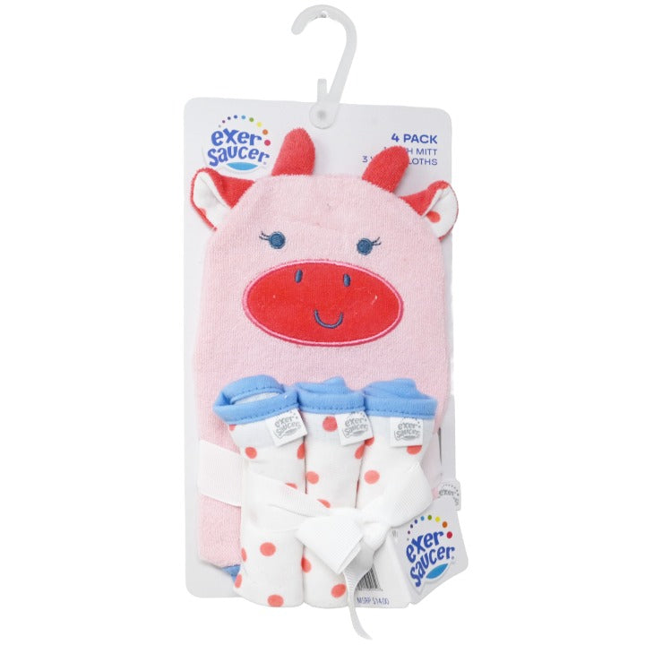 4pc Pnk Cow Washcloths Mitt Set C/P 36 Exersaucer