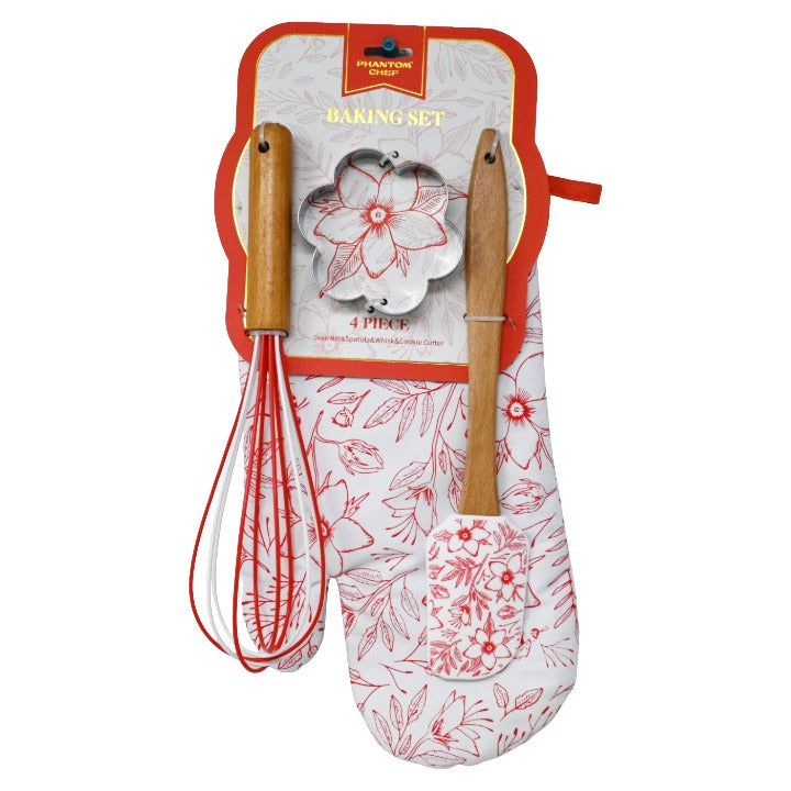 4pc Primrose Printed Baking Set wSpatula, Whisk, Oven Mitt and Cookie Cutter C/P 24