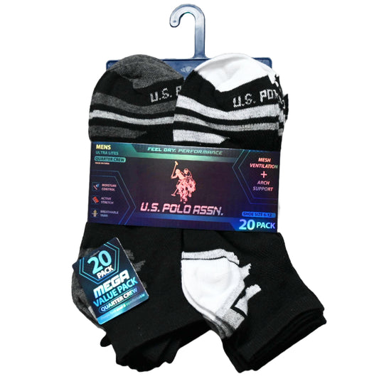 20pk MEN BLK NC QTR SOCKS U.S. POLO ASSN. ASST COLORS SIZE 6-12 C/P 48