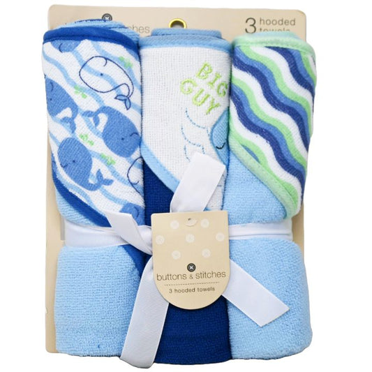3pk ROLLED HOODED TOWEL - BIG GUY WHALE C/P 24