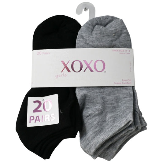 20pk Girls Blk Gry Wht LC Socks C/P 48 XOXO