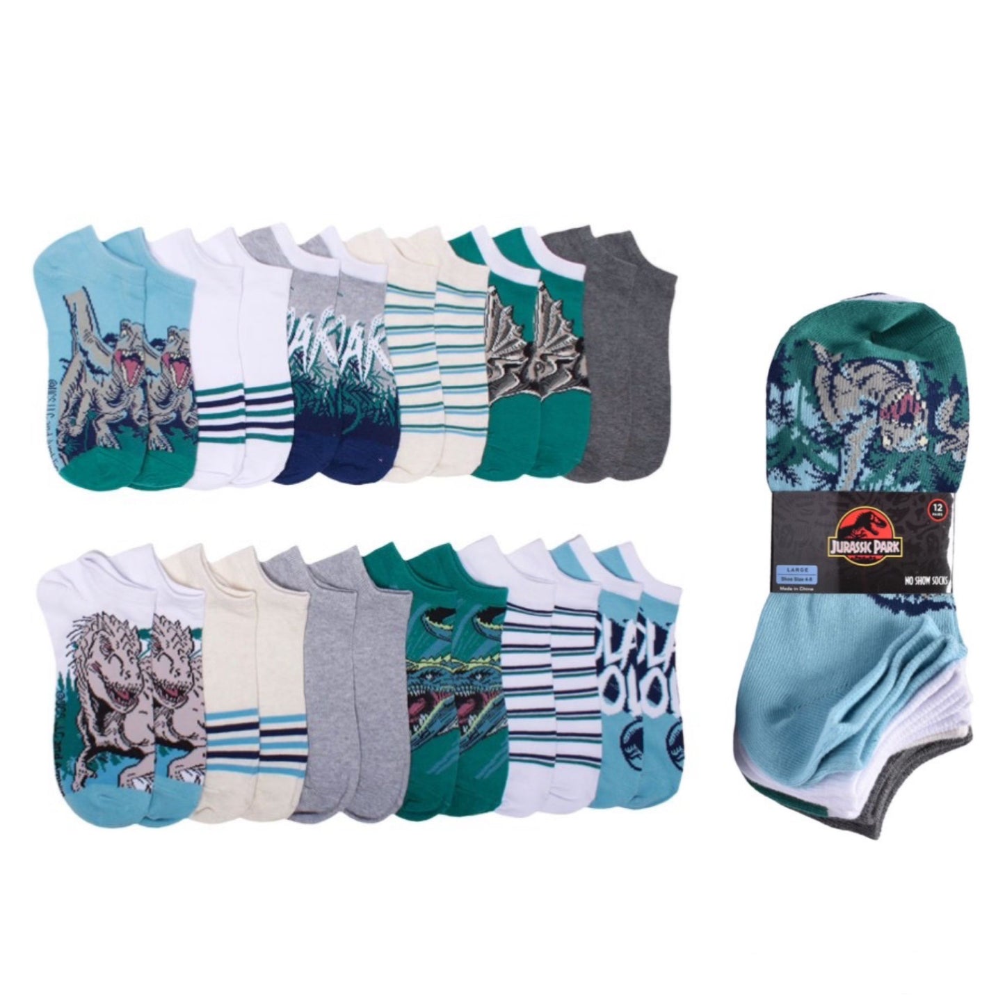 12pk BOYS JURASSIC WORLD ROAR NS SOCKS SIZE 10-3 C/P 48