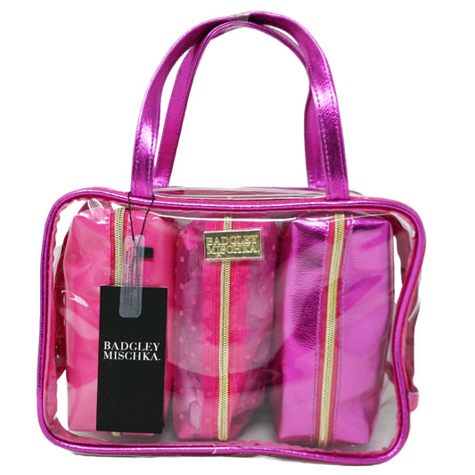 4pc CLEAR/PINK PVC, METALLIC AND PATENT PU, DOTTED LACE POUCH NESTED ORGANIZER COSMETIC BAG SET BADGLEY MISCHKA C/P 20