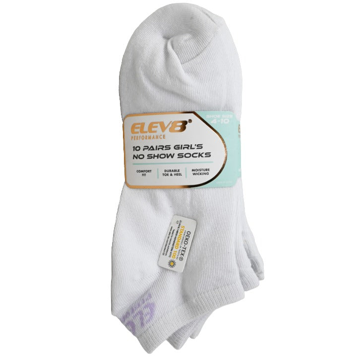 10pk Girls 9-11 Wht No Show Socks C/P 60 ELEV8