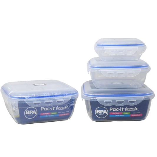 3pc SQR. PLASTIC FOOD STORAGE CONTAINER SET PAC-IT FRESH C/P 24