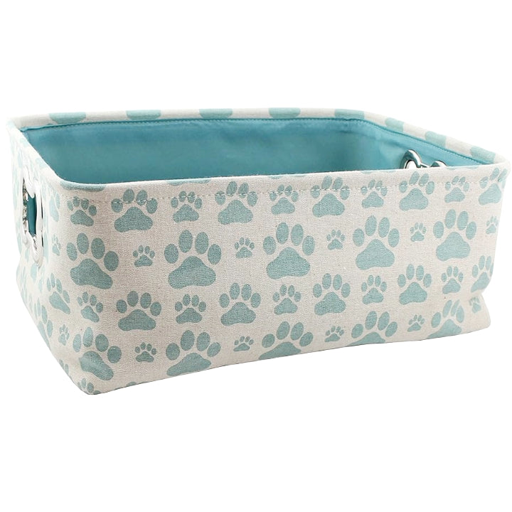 17"x13"xH8 Ivory Linen wTeal Pet Bin Paw Prints all Over and Teal Interior C/P 12