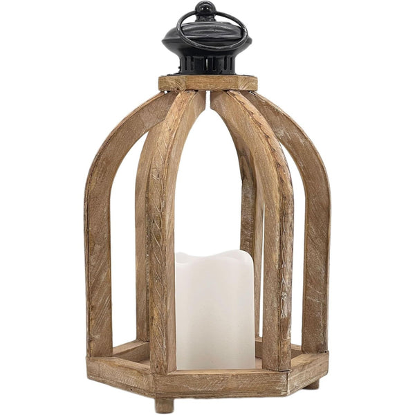12.4" Rustic Wooden Accented LED Candle Lantern wNatural Wood Frame C/P 4